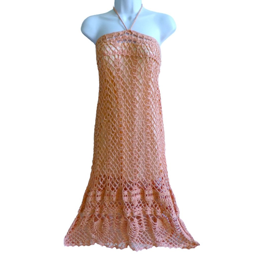 James Coviello Vintage Open Crochet Dress Peachy Pink Cotton Lurex Slip Y2K Peru